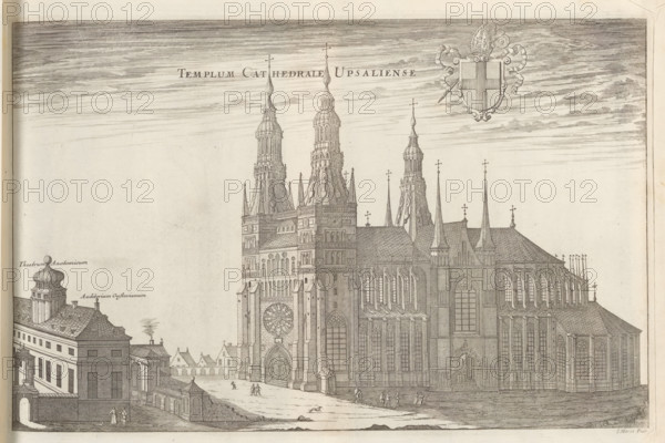 View of Uppsala Cathedral, Templum Cathedrale Upsaliense, Suecia Antiqua et Hodierna, print, album page, View of Uppsala Cathedral with the anatomical theater and the Gustavianum on the left., printmaker: Jean Marot (I), supervision: Erik Jönssen Dahlberg, 1670, paper, etching, height 245 mm x width 379 mm, church (exterior), Uppsala (city), Cathedral (Uppsala), Gustavianum, A detailed engraved view of a large cathedral with tall ornate towers and spires rising from a steeply pitched roof, featuring many narrow arched windows, tracery, buttresses, and a prominent circular rose window above a large arched entrance; the stone façade shows layered architectural decoration and sculptural details. To the left, lower buildings with pitched roofs and a domed tower sit adjacent to the cathedral, connected by a wall and gate leading into a courtyard. Small groups of people are depicted walking or standing in the open space in front of the cathedral, and a dog is visible on the ground. The sky i...