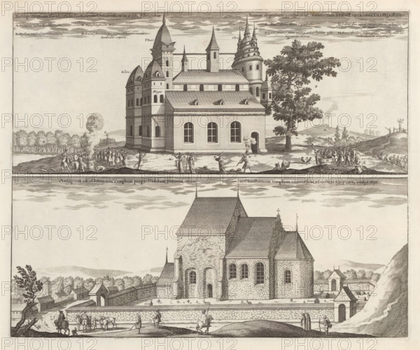 Antiquissimum Gothorum Delubrum Ubsalense, Temples in Uppsala, Suecia Antiqua et Hodierna, print, album page, printmaker: Erik Reitz, supervision: Erik Jönssen Dahlberg, 1694, paper, etching, height 272 mm x width 330 mm, Uppsala (city), A detailed engraving of two different stone churches stacked vertically with a horizontal decorative divider between them, the upper section showing a castle-like church with tall pointed towers, steep roofs, arched windows, and a large tree beside it, with small human figures gathered around the building engaging in activities including carrying items, standing in groups, and a boat on the shore, and the lower section showing a larger stone church with a steep tiled roof, buttressed walls, rounded apse, arched doors and windows, a walled courtyard with small crosses, surrounding houses and trees, and a road in front where mounted riders and pedestrians travel past a wall and gateway.