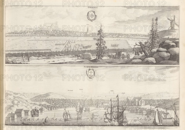 Enekopia, Norr Telge, View of Enköping and Norrtälje, Suecia Antiqua et Hodierna, print, album page, printmaker: Erik Reitz, supervision: Erik Jönssen Dahlberg, 1695, paper, etching, height 257 mm x width 371 mm, city-view in general, 'veduta', Enköping, Norrtälje, A detailed engraved scene shows a panoramic view divided into two horizontal sections; the upper portion features a rural landscape with fields, fences, scattered haystacks, and a town on the horizon with clustered rooftops and a prominent church building, while the foreground includes a dirt road with two walking figures, a cart loaded with hay drawn by an animal, another horse and carriage, rocky outcrops, tall slender trees, and a windmill on a distant hill; the lower portion presents a busy harbor scene with multiple sailing ships of various sizes, smaller boats on the water, waterfront buildings along the shoreline, rigging and billowing sails, and distant town roofs and hills under a sky filled with light cloud shading...