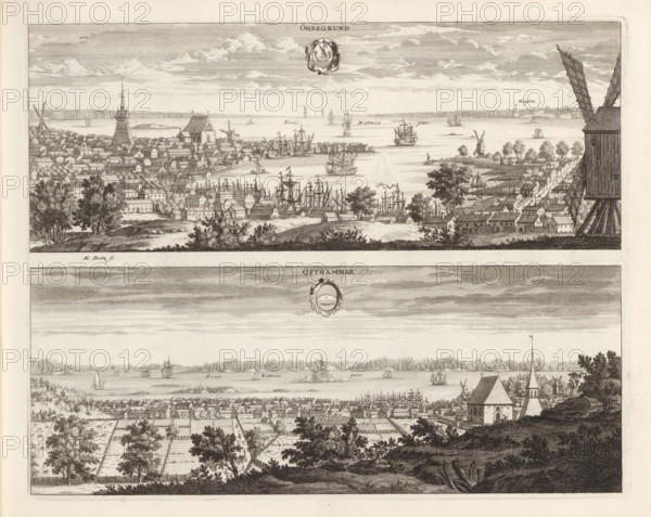 View of Öregrund and Östhammar, Öhregrund, Östhammar, Suecia Antiqua et Hodierna, print, album page, printmaker: Erik Reitz, supervision: Erik Jönssen Dahlberg, 1695, paper, etching, height 265 mm x width 331 mm, city-view in general, 'veduta', Öregrund, A wide engraving divided into two horizontal scenes shows coastal town views with waterfronts, many small buildings with pitched roofs, clustered trees, and numerous sailing ships in the water. The upper scene features a densely built town along a shoreline with tall church spires, windmills, rows of houses, trees framing the foreground, and sailing vessels of various sizes at anchor and under sail. The lower scene presents cultivated fields and tree-lined paths leading toward another town along the coast, with a prominent church with a steeple on a hill, rows of houses near the water, and ships dotting the bay beyond a tree-covered foreground. The overall image is monochrome with fine line engraving details, textured skies, and decora...