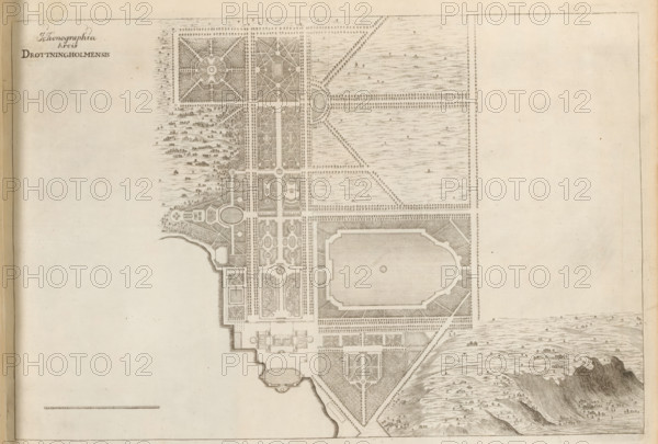 Map of Drottningholm estate, Ichonographia Arcis Drottningholmensis, Suecia Antiqua et Hodierna, print, album page, printmaker: Martin Mytens (I), supervision: Erik Jönssen Dahlberg, 1695, paper, etching, height 262 mm x width 387 mm, plan, architecture, map of garden, Lovön, Slot Drottningholm (Lovön), A detailed bird's-eye plan of a formal garden and surrounding landscape rendered in fine sepia lines, showing geometric garden beds, tree-lined avenues, symmetrical pathways, and ornamental parterres arranged around a large central rectangular pool with an oval end and a circular feature at its center; adjoining sections include ornate formal beds with circular and rectangular motifs, terraces, and axial walkways flanked by evenly spaced trees, as well as triangular planting areas and small circular plazas; the left and lower edges reveal building footprints with courtyards and entrances, while the right and lower right areas depict a textured natural terrain with undulating hills and s...