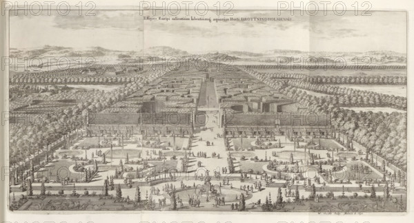 Gardens seen from Drottningholm Castle, Effigies Euripi salientium labentiumque aquarum Horti Drottningholmensis, Suecia Antiqua et Hodierna, print, album page, printmaker: Willem Swidde, Stockholm, supervision: Erik Jönssen Dahlberg, 1692, paper, etching, etching in two parts, folded, height 216 mm x width 424 mm, garden, Lovön, Slot Drottningholm (Lovön), A wide, detailed engraving shows a formal garden seen from an elevated vantage, with symmetrical parterres, pathways, fountains, sculptural elements, and figures scattered throughout. In the foreground a broad terrace features a central fountain with figures around it, bordered by low balustrades and ornamented planting beds. Beyond the terrace, geometric garden compartments contain clipped hedges, circular and curved beds, ornamental trees, and small sculptural elements, with numerous people walking, standing, and conversing along straight avenues and between garden plots. Tall, rectangular hedged structures form a long, linear maz...