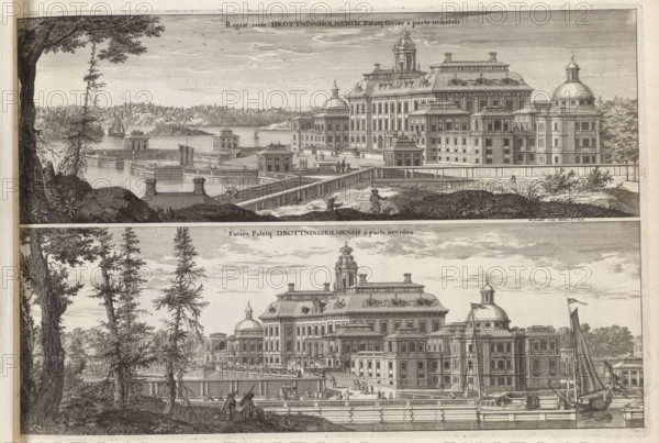 East side and west side of Drottningholm Castle, Regiae arcis Drottningholmensis Palatij facies à parte orientali, Facies Palatij Drottningholmensis à parte occidua, Suecia Antiqua et Hodierna, print, album page, printmaker: Willem Swidde, Stockholm, supervision: Erik Jönssen Dahlberg, 1694, paper, etching, height 259 mm x width 387 mm, palace, Lovön, Slot Drottningholm (Lovön), A detailed monochrome engraving showing two horizontal views of a large classical palace complex by water, with the upper view framed by trees and rocky foreground and the lower view focused more on the palace and waterfront activity. The palace features multiple domes, a central ornate tower, rows of tall windows, and symmetrically arranged wings with balustrades and decorative rooflines. Stone terraces, piers, and low walls extend into the water, creating enclosed harbors with small buildings and boats moored alongside. Figures in period clothing are scattered on the terraces and embankments, some walking, so...