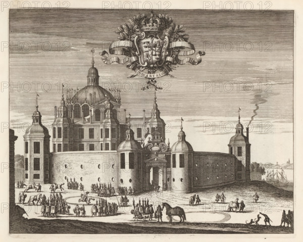 Palace of Svartsjö, Swartsiöö, Suecia Antiqua et Hodierna, print, album page, printmaker: Jean Lepautre, supervision: Erik Jönssen Dahlberg, 1669, paper, etching, height 269 mm x width 337 mm, palace, Slot Svartsjö, Svartsjö, A detailed black and white engraving of a large fortified building with rounded towers and a central domed structure topped by smaller domes and spires, a decorative crest with flowing ribbons floating above the domes, a tall flagstaff rising from the central dome, and groups of people and mounted figures gathered in the open area before the fortress; ships are visible on the distant water at the right, smoke rises from a chimney near one tower, and the sky is filled with fine horizontal etching lines.