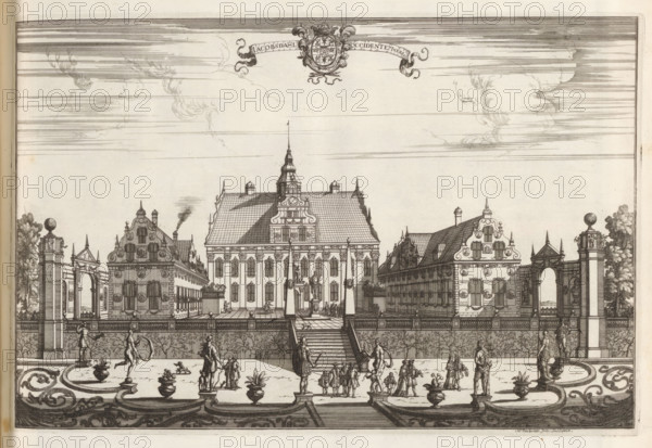 Jacobsdahl occidentem versus, West side of Ulriksdal Castle, Suecia Antiqua et Hodierna, print, album page, printmaker: Herman Padtbrugge, Stockholm, supervision: Erik Jönssen Dahlberg, 1686, paper, etching, height 250 mm x width 375 mm, palace, Solna, Slot Ulriksdal, An architectural engraving showing a symmetrical courtyard fronted by a raised terrace and broad central steps leading to a grand building with a steep tiled roof, central pediment, and a towered cupola; flanking wings with ornate gables and numerous windows extend to either side, connected by balustrades and decorative gates topped by spherical finials on tall piers; the foreground features a formal parterre with sculpted figures on plinths, ornamental urns, and groups of people in period dress engaged in walking and conversation; the sky above contains linear shading and stylized clouds.