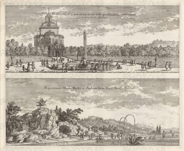 Fountain with a Triton and the Rock of Andromeda in the park at Ulriksdal Castle, Delineatio Cryptae et aquarum inde prosilientium, vulgo Grotta in horto Iacobs Dhalensi Repraesentatio, Montis Persei et Andromedæ in Horto Iacobs Dahlensi, Suecia Antiqua et Hodierna, print, album page, printmaker: Adam Perelle, supervision: Erik Jönssen Dahlberg, 1668, paper, etching, height 277 mm x width 343 mm, garden, Perseus and Andromeda, palace, Solna, Ulriksdal Castle, A wide engraved scene showing a formal garden and a rocky landscape separated by a horizontal band, with the upper section featuring a circular fountain plaza edged by low walls and pathways, a tall vertical water jet rising from a central sculpture of a reclining figure with flowing drapery, and a domed pavilion with ornate architectural detailing set behind a row of trees, numerous small figures in period dress walking and conversing around the fountain and along the terrace, sculpted statues on pedestals flanking the plaza, and...