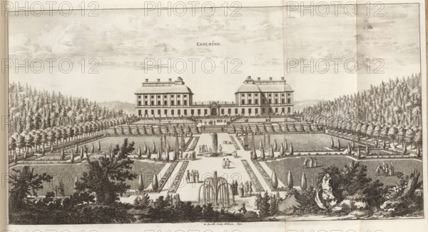 Ekolsund, Ekolsund Palace and its gardens, Suecia Antiqua et Hodierna, print, album page, printmaker: Willem Swidde, Stockholm, supervision: Erik Jönssen Dahlberg, 1690, paper, etching, etching in two parts, folded, height 215 mm x width 414 mm, garden, palace, Enköping, Slot Ekolsund, A wide engraved view of a formal estate with a large rectangular three-story building at the center set on a raised terrace, flanked by symmetrical wings and a balustraded central entrance; in front of the building a geometrically arranged garden with straight gravel walks, clipped hedges, rows of conical and spherical topiary, rectangular parterres, and formal pools with fountains; small human figures in period clothing scattered along the walks and near the terraces, some standing in groups and some walking; avenues of evenly spaced trees extend outward on both sides toward dense wooded areas at the left and right edges of the image; low rolling landscape and distant hills visible on the horizon under ...