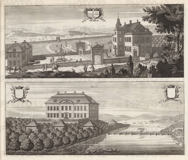 View of Åkeshov Palace and Adö Manor, Åkehof, Ådöö, Suecia Antiqua et Hodierna, print, album page, printmaker: Erik Reitz, supervision: Erik Jönssen Dahlberg, 1695, paper, etching, height 283 mm x width 337 mm, palace, Stockholm, Bromma, Åkeshov Palace, Ådö Manor, An engraving showing two architectural scenes stacked vertically separated by a thin border, the upper scene depicting a walled estate with formal gardens, a central circular parterre with radiating paths, a fountain and statues, a large multi-storey building with a tower and dormer windows to the right, a smaller building to the left, arched gateways and people walking and working along the outer road where a horse pulls a cart, trees and distant rolling hills in the background, and a decorative crest above; the lower scene showing a large rectangular mansion set behind dense rows of trees with smaller pavilion roofs in front, a river in the foreground with small boats and figures, a bridge spanning the water, wooded shoreli...