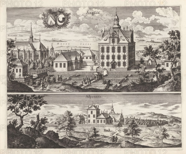 View of Ängsö Castle and the mansion Aspnäs, Ängsöö, Aspenääs, Suecia Antiqua et Hodierna, print, album page, printmaker: Adam Perelle, supervision: Erik Jönssen Dahlberg, 1670 - 1674, paper, etching, height 276 mm x width 341 mm, palace, Västeras, Slot Ängsö, Herenhuis Aspnas, A detailed engraving showing two horizontal scenes stacked, the upper scene featuring a large ornate building with a tall central tower and multiple rows of windows next to a church with pointed spire and tall arched windows, surrounded by smaller structures, walled formal gardens with geometric beds and fountains, several standing and walking figures on paths, and trees framing the composition, with clouds and distant shoreline in the background; the lower scene depicting a country estate with a multi-story house topped by a tower and decorative roof elements, flanked by smaller outbuildings, enclosed by a fence, set in a rolling landscape with trees, winding paths, cultivated fields, and small groups of people...