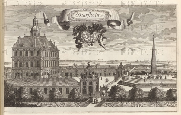 View of Djursholm Castle, Diursholm, Suecia Antiqua et Hodierna, print, album page, printmaker: Jean Lepautre, supervision: Erik Jönssen Dahlberg, 1669, paper, etching, height 235 mm x width 377 mm, Djursholm Castle, An engraved scene showing a large multi-story stone building with many windows and a steep tiled roof topped by a domed tower, adjacent lower wings and a central courtyard with formal pathways and decorative parterres, rows of trees and sculpted garden beds in the foreground, a grand columnar obelisk set on a raised stepped platform with cannons and carriages nearby, small groups of walking figures scattered through the courtyard and on paths, ornate architectural details on gatehouses and roof balustrades, a pair of cherubic figures holding a pair of crowned shields suspended beneath a large flowing ribbon-like cartouche in the sky, distant low hills and a wide body of water on the horizon, and a sky filled with layered clouds.