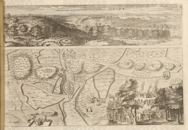 Panorama and map of the antiquities in Finsta, Antiquitates et monumenta circa praedium Finsta, Suecia Antiqua et Hodierna, print, album page, printmaker: Johannes Jacobsz van den Aveele, supervision: Erik Jönssen Dahlberg, 1708, paper, etching, height 267 mm x width 378 mm, landscape with monument, Norrtälje, Finsta, A wide engraved scene divided into horizontal sections showing a panoramic landscape above and a detailed map-like view below, rendered in fine monochrome lines. The top strip depicts rolling hills, clusters of trees and groves, fenced fields, a river or stream winding through the terrain, scattered buildings including houses and barns, and small groups of human figures walking near tree-lined paths. The lower larger area shows a stylized plan of fields and enclosures with hedged or raised mounds, geometric garden plots, meandering roads and streams, isolated buildings and farmsteads, and numerous small tree symbols arranged in rows and clusters. In the right foreground a...