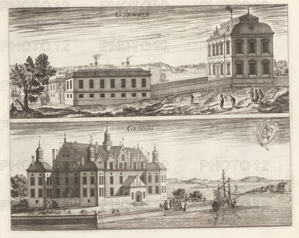 Görwäln, Grönsöö, View of Görväln manor and Grönsö manor, Suecia Antiqua et Hodierna, print, album page, printmaker: Jean Marot (I), supervision: Erik Jönssen Dahlberg, 1670, paper, etching, height 271 mm x width 344 mm, housing, Enköping, Landhuis Görväln, Landhuis Grönsö, A detailed engraving showing two architectural views stacked vertically, each depicting large, multi-story buildings with ornate roofs, decorative gables, domed towers, and rows of windows; the upper view shows a long rectangular building with a flat roof and chimneys beside a taller, square building with a rounded roof and decorative cornices, set on sloping ground with small groups of people standing and walking nearby and a tree to the left and a ship on the distant water; the lower view shows a grand mansion with symmetrical façades, steep decorative rooflines, turrets, and an arched entrance with a figure in the doorway, a waterfront promenade with people gathered and a sailing ship moored at the quay, and dist...