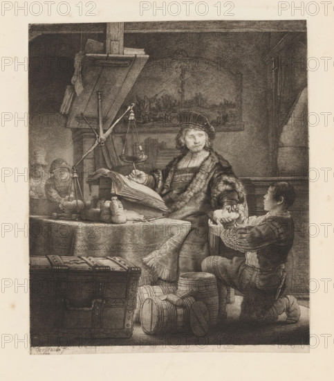 Jan Wtenbogaert, Goldweigher, print, album page, A well-dressed man in a fur coat and beret sits at a table, writing in a ledger. He hands a bag to a man kneeling beside him. In the foreground, a chest and several barrels. On the wall hangs a painting depicting Moses and the bronze serpent., printmaker: Rembrandt van Rijn, printmaker: William Baillie, 1639, 1753 - 1810, paper, paste, etching, drypoint, etching and drypoint, pasted on album page, height 243 mm x width 205 mm, Person, A detailed black and white etching shows an interior scene with a seated man wearing a fur-lined robe and a cap, holding a pen and looking toward the viewer; he sits at a table covered with a patterned cloth that holds an open book, scales, and small sacks. A kneeling young man presents a skull to the seated figure, holding it with both hands while looking up. To the left, a small figure leans over the table near the scales. In the foreground, a large locked chest and several barrels and buckets rest on the...