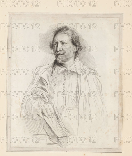Portrait of Casper Gevartius, print, album page, printmaker: William Baillie, after drawing by Anthony van Dyck, 1753 - 1810, paper, print drawing, crayon manner, paste, etching in crayon manner, pasted on album page, height 302 mm x width 248 mm, Person, Jean Gaspard Gevartius, A pencil portrait of a man shown from the waist up within a rectangular border, rendered on aged paper with small brown spots; he has wavy hair, a mustache and pointed beard, and an expressive face turned slightly to one side; he wears a loose collared shirt with a draped cloak over one shoulder, a row of buttons visible on his chest, and his hand rests on a folded object that appears to be a book or a similar rectangular item; cross-hatched shading defines the contours of his face, hair, clothing, and the background.