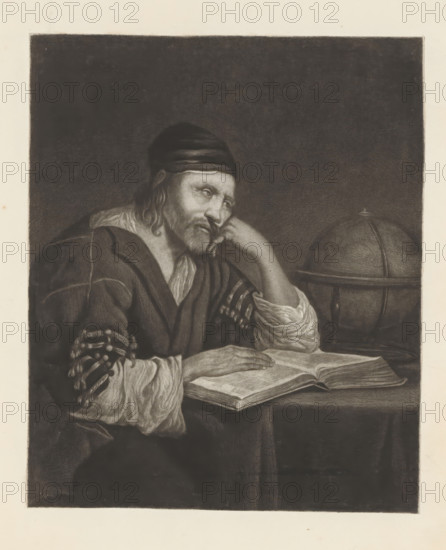Geographer, print, album page, A man sits at a table. His right hand rests on an open book. His other hand is under his cheek. Next to him stands a globe., printmaker: William Baillie, after painting by Gerard ter Borch (II), 1753 - 1810, paper, paste, etching, mezzotint, mezzotint and etching, pasted on album page, height 269 mm x width 221 mm, globe, book - MM - book open, sitting figure, A seated bearded man wearing a dark head covering and a loose robe rests his head on one hand while the other hand lies on an open book on a table, and a globe sits beside him.