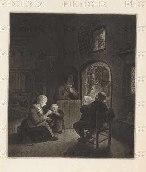 Interior with newspaper reader, print, album page, An interior with four farmers. A man on a chair is reading a newspaper. A woman is feeding a child. Another man is leaning on the lower half of an open door., printmaker: William Baillie, after painting by Adriaen van Ostade, 1768, paper, etching, paste, etching pasted on album page, height 234 mm x width 207 mm, farmers, reading, A dimly lit interior scene shows a group of people engaged in quiet activity; a seated woman wearing a head covering focuses on a small child in her lap while holding a bowl, a seated man with his back to the viewer reads a sheet held before him, and another figure leans on a low partition with a hand near the face. The room features an arched doorway with foliage visible beyond, a small open window set at an angle in the upper wall, lattice windows, a simple wooden chair, and household items such as jugs and a spinning wheel partially visible near the left side. The overall image is rendered in soft tonal co...