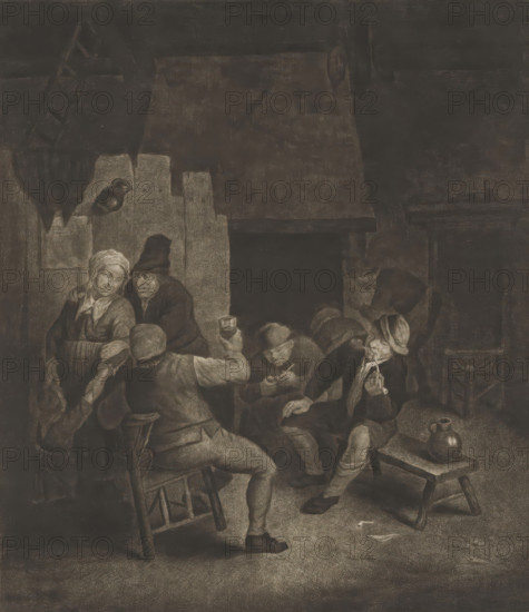 Peasant interior with eight people, print, album page, An interior with eight peasants. A man is sitting on a bench smoking a pipe. Next to him stands a jug. The man opposite him raises his glass to a man and woman with child., printmaker: William Baillie, after painting by Adriaen van Ostade, 1767, paper, etching, paste, etching pasted on album page, height 261 mm x width 225 mm, farmers, drinking, pipe, tobacco, A dimly lit interior scene shows a group of people gathered around a hearth area with a dark chimney or opening at the center; several seated figures wear hats and simple clothing and are engaged in various small actions such as holding a cup, leaning together, or examining something in their hands, while one person sits on a wooden stool with a turned back visible and another figure stands near the left with a headscarf and apron; rough stone or plaster walls form the backdrop with a hanging jug and a ladder leaning in the upper left, a small wooden bench with a rounded pitc...