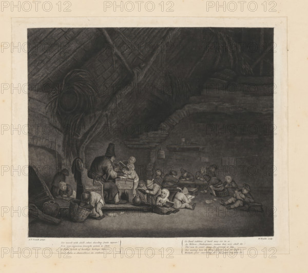 Interior of a school, print, album page, Interior with children, sitting on the floor and on low benches at a table. Several children are reading from a book. Other children are at the teacher's table. In the foreground on the left, a boy is raiding a basket. In the bottom margin, nine lines of text in English., printmaker: William Baillie, after painting by Adriaen van Ostade, 1753 - 1810, William Baillie, Adriaen van Ostade, printmaker, after painting by, paper, pasting, etching, stippling, etching and stippling pasted onto album page, height 235 mm x width 275 mm, elementary school, class, form, A dark, detailed etching framed by a light margin shows an interior with a high, angled ceiling and visible beams; a large bundle of straw or hay hangs near the ceiling. In the foreground, a group of children sit and kneel on the floor and benches, some holding books or slates and others looking toward an adult man who leans over a small desk or box; the man wears a tall hat and coat. Variou...