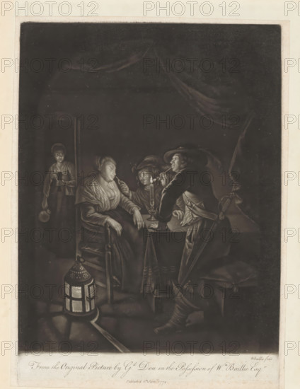 Interior with sleeping woman, print, album page, An interior with two soldiers wearing feathered hats. The man on the right holds his pipe to the flame of a candle. The other holds his pipe under the nose of a sleeping woman or tickles her with a straw. A lamp stands in the foreground on the left., printmaker: William Baillie, after painting by Antoine Lenain (l'aîne), 1774-01-01, William Baillie, Antoine Lenain (l'aîne), paper, paste, mezzotint, mezzotint pasted onto album page, height 360 mm x width 267 mm, pipe, tobacco, sleeping in chair, A dimly lit interior scene showing four people gathered around a small table with a candle. A seated woman in a shawl leans slightly forward with eyes closed and hands resting on her lap and the back of a chair. A man facing her holds a pipe near his mouth and leans toward the candle, wearing a broad hat and a sash with a sword hanging at his side. Another man between them, also leaning in, appears to be adjusting or touching something near the se...
