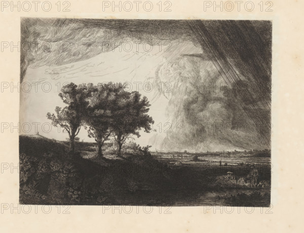 Three trees, print, album page, printmaker: William Baillie, after print by Rembrandt van Rijn, 1753 - 1810, Rembrandt van Rijn, after print by, paper, paste, etching, drypoint, etching and drypoint, pasted on album page, height 208 mm x width 279 mm, groups of trees, A monochrome etching shows a landscape with a dark foreground hill occupied by three leafy trees with textured trunks and branches, lighter vegetation along the hill's edge, and shadowed ground below; beyond the hill a flat plain stretches to a distant horizon with small clustered shapes suggesting buildings, low figures and scattered animals; the sky is filled with dramatic cloud formations rendered with dense crosshatching on the right and sweeping, lighter strokes on the left, creating contrasts between heavy shaded areas and open lighter sky above the plain.