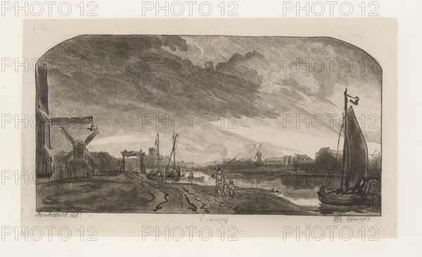 River view at evening, print, album page, River view with windmills, a bridge and ships. In the foreground a man walks with a child., printmaker: William Baillie, after drawing by Rembrandt van Rijn, 1765, paper, chine collé, print drawing, pasting, etching, drypoint, roulette, drypoint and roulette on chine collé, height 176 mm x width 304 mm, river, city-view, and landscape with man-made constructions, A wide riverside scene rendered in dark pencil tones shows a broad cloudy sky arching over a shoreline with boats and figures; on the left a windmill and wooden structures stand near the water, with small sailing vessels moored along the bank and a raised wooden gate or crane nearby; a path runs along the shore toward the center where a pair of figures walk, one holding a long pole and a smaller figure beside them; in the middle distance more boats are anchored and a small rowboat is near the water; across the river low buildings and another distant windmill appear on the far bank; on ...