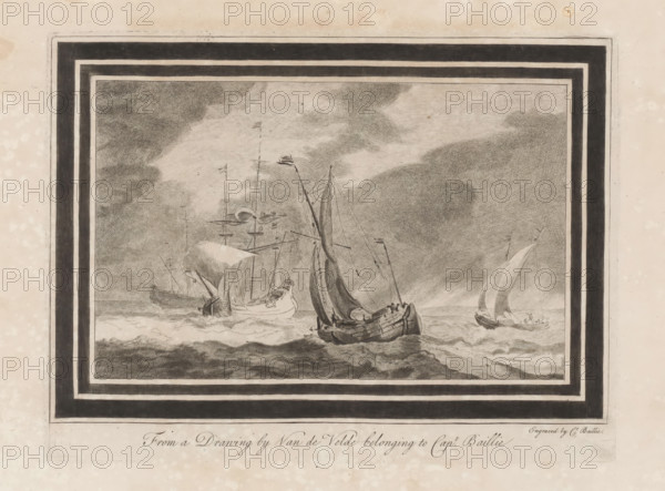 Four sailing ships, print, album page, printmaker: William Baillie, after drawing by Willem van de Velde (II), 1753 - 1810, paper, print drawing, etching, roulette, etching and roulette, height 192 mm x width 255 mm, laundering, sea (seascape), A rectangular framed etching depicts a stormy seascape with several sailing vessels on choppy waters beneath a cloudy sky. The central foreground shows a larger ship with furled and partially raised sails, masts and rigging visible, and figures on deck leaning into the motion of the vessel. To the left a second ship with billowing sails and tall masts appears partially obscured by waves and atmospheric shading. On the right smaller boats with triangular sails cut across the water, their hulls tilting as they move. Dark, densely hatched clouds dominate the upper area of the scene, while the sea is rendered with textured strokes indicating waves and foam. A bold multi-lined border surrounds the scene, and the overall paper shows a worn, aged appea...