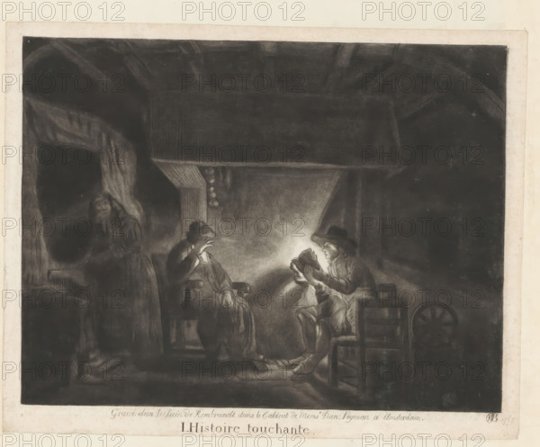 Interior with a man reading aloud, L'Histoire touchante, print, album page, A simple interior with a young man reading aloud by the light of a lamp to a person opposite him., printmaker: William Baillie, after painting by Rembrandt van Rijn, 1767, William Baillie, Rembrandt van Rijn, printmaker, after painting by, paper, paste, mezzotint, etching, etching and mezzotint, pasted on album page, height 215 mm x width 270 mm, reading, evening, A dimly lit interior scene rendered in dark tones shows a small group of people gathered around a bright light source near the center; two seated figures face each other with one holding an open book that reflects the light, a child sits on the floor near their knees, and another seated figure raises a hand toward their face; a standing figure is partially visible in shadow to the left near a doorway, and rough ceiling beams and a hanging cluster of objects are visible above; simple wooden chairs and a wheel or circular object are at the right, and th...