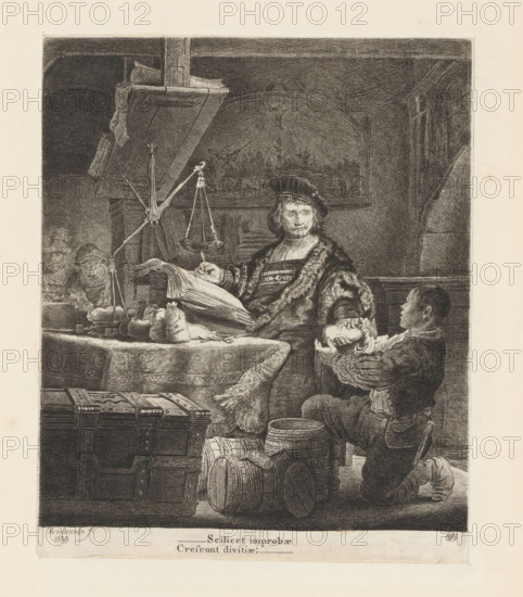 Goudweger, Jan Wtenbogaert, print, album page, A well-dressed man in a fur coat and beret sits at a table, writing in a ledger. He hands a bag to a man kneeling beside him. In the foreground, a chest and several barrels. On the wall hangs a painting depicting Moses and the bronze serpent., printmaker: William Baillie, after painting by Rembrandt van Rijn, 1753 - 1810, paper, paste, etching, drypoint, etching and drypoint, pasted on album page, height 249 mm x width 204 mm, Person, A detailed black and white etching shows an interior scene with a seated man wearing a fur-lined robe and a hat, holding a pen above an open ledger on a draped table; a large scale with hanging pans stands beside him, and sacks and a ledger rest on the table surface. A kneeling boy faces the seated man while offering a head of a smaller figure, and barrels, buckets, and a chest occupy the foreground near a curtained fabric. In the background a framed painting or tapestry with an arched top hangs on the wall, ...