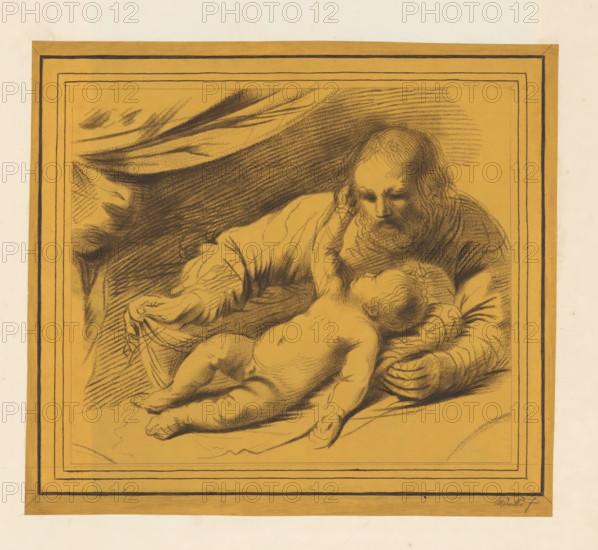 Joseph and the Christ Child, print, album page, A child lies on a bed and reaches for the face of the bearded man above him., stamp, printmaker: William Baillie, after drawing by Guercino, 1753 - 1810, paper, crayon manner, rocker stamped, paste, etching in crayon manner and rocker, printed on prepared yellow, brown paper, pasted onto album page, height 218 mm x width 243 mm, Christ-child together with others, A framed sepia-toned drawing depicting an older bearded figure leaning over and cradling an infant, both rendered with dark sketch lines and crosshatching; the older figure has long hair and a contemplative expression while supporting the child whose limbs are relaxed and whose back faces the viewer; draped fabric and sweeping shaded strokes form a backdrop around them, and a rectangular decorative border with multiple parallel lines surrounds the central image.