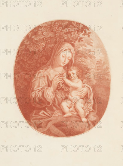 Mary with Child, print, album page, A landscape with the Virgin Mary with the Christ Child on her lap. They are sitting under a grapevine and Mary has a bunch of grapes in her hands., printmaker: William Baillie, after painting by Hans Rottenhammer (I), 1753 - 1810, paper, crayon manner, stippling, etching, stippling and etching, printed in red, pasted onto album page, height 224 mm x width 185 mm, Madonna: ie Mary with the Christ-child, An oval sepia-toned drawing centered on a pale background shows a seated woman wearing a draped garment and a head covering, holding a nude toddler on her lap; the woman looks downward toward the child while holding a small cluster of grapes that the child reaches for, and behind them there are leafy branches and foliage filling the upper portion of the oval.