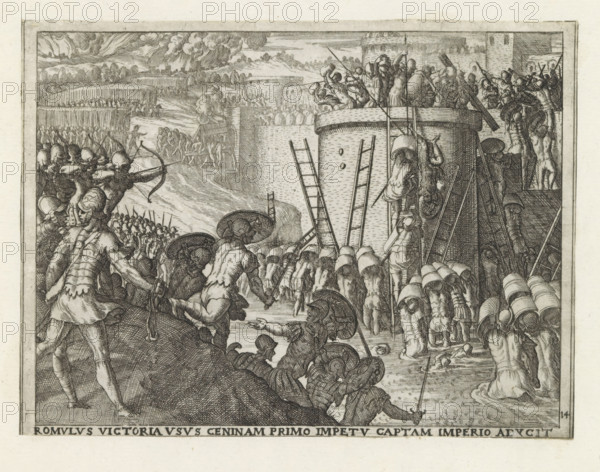 Romulus takes the city of Caenina, Romulus victoria, imperio aducit, Life of Romulus and Remus, print, album page, Series number, 14, 27, After Romulus has defeated King Acron, he takes his city of Caenina. Romulus' soldiers try to climb over the city walls. Soldiers from Caenina try to defend their city., printmaker: Giovanni Battista Fontana, Italy, after design by Giovanni Battista Fontana, 1572 - 1573, Giovanni Battista Fontana, printmaker, paper, etching, height 135 mm x width 180 mm, (story of) Romulus and Remus, Rome at war with the neighboring nations, A detailed black and white engraving shows a chaotic siege scene with armored soldiers, archers, and figures climbing ladders against a tall rounded tower. In the foreground, helmeted men with shields and spears stand and kneel near the water's edge while others wade into the water toward the tower base. On the tower's top and ramparts, groups of combatants push, pull, and fight with shields and long poles. To the left, ranks of ...