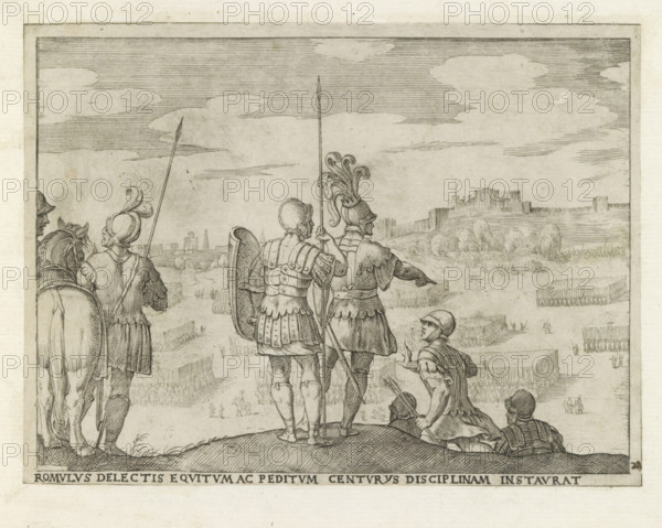 Romulus delectis, disciplinam instaurat, Romulus appoints centurions, Life of Romulus and Remus, print, album page, Series number, 21, 27, Romulus, seen from behind, appoints centurions (Roman army commanders) and looks over his army., printmaker: Giovanni Battista Fontana, Italy, 1572 - 1573, paper, etching, height 136 mm x width 180 mm, Original print 23 in the series., the soldier, the soldier's life, (story of) Romulus and Remus, A monochrome engraving showing a group of armored figures on a hill overlooking a battlefield and distant fortified town, with two central figures standing with their backs to the viewer wearing helmets, segmented armor, and shields while holding long spears, flanked by a mounted figure and other armored men, one of whom kneels and gestures toward the scene below; the landscape is composed of patterned fields and formations of small marching soldiers arranged in rectangular blocks, dotted with tiny human figures, and a skyline of a castle-like town on roll...