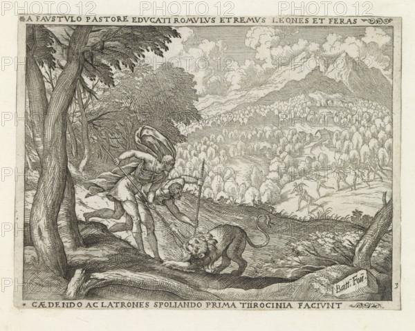 Faustulo pastore educati, Tiirocinia faciunt, Romulus and Remus fighting a lion, Life of Romulus and Remus, print, album page, Romulus and Remus, who were raised by the shepherd Faustulus and his wife Acca Larentia, fighting a lion. In the background a vast landscape with a hunting scene., printmaker: Giovanni Battista Fontana, Italy, 1572 - 1573, paper, etching, height 136 mm x width 181 mm, beasts of prey, predatory animals: lion, landscapes, (story of) Romulus and Remus, when Romulus and Remus are older they go hunting, A detailed black and white engraving shows a wooded foreground with large, textured tree trunks and branches framing the scene, a cloaked figure leaning forward with a staff over another crouched figure who holds a spear, a lion facing the foreground with a mane and raised paw, rolling hills filled with clustered trees extending into the midground, a group of small, running human figures on a slope, a winding path or river cutting through the landscape, distant mount...