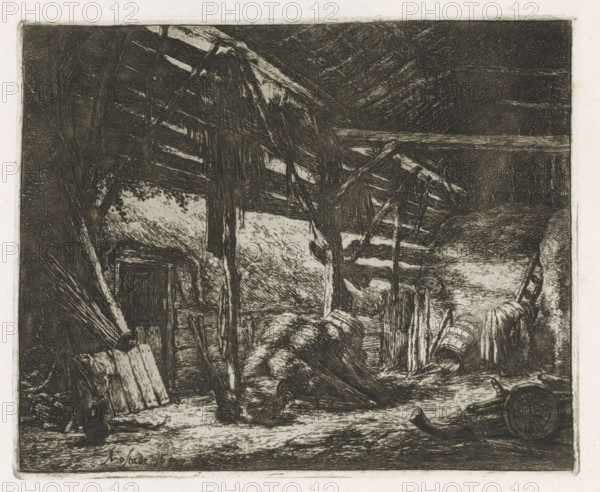 Interior of a hay barn, print, album page, On the right a woman bending forward. This print is part of an album., printmaker: Adriaen van Ostade, Haarlem, 1647, 1846 - 1900, paper, etching, height 160 mm x width 195 mm, height 355 mm x width 262 mm, hay-stack, barn - AA - civic architecture: inside, bending figure - AA - female human figure, A monochrome etching depicts a cluttered rustic interior with a slatted roof supported by rough wooden beams and posts, a suspended bundle or draped material hanging from a beam, scattered boards and planks leaning against posts, rounded sacks or bales piled on the floor, a large wooden wheel or barrel lying on its side, a handful of long thin objects standing upright that resemble stalks or bundled reeds, and a textured floor showing strawlike debris and shadows beneath the structural elements.