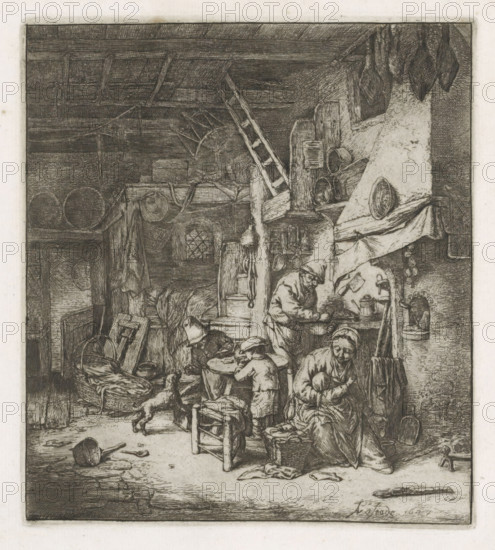 Peasant family in an interior, print, album page, The farmer's wife is looking after a small child, while a boy eats at the table. Another boy plays with a dog. On the left, a dog in front of a cradle. This print is part of an album., printmaker: Adriaen van Ostade, Haarlem, after design by Adriaen van Ostade, 1647, 1846 - 1900, Adriaen van Ostade, printmaker, paper, etching, height 180 mm x width 158 mm, height 354 mm x width 262 mm, interior of the house, family life, A detailed black and white etching shows an interior cluttered with household objects and people. Wooden beams and a ladder are visible in the ceiling area, with hanging items and barrels stacked on shelves. A table with small children seated around it occupies the center, one child leaning on the table and another seated on a stool. An older person sits nearby holding an object in their arms, wrapped in layered clothing and head covering. Nearby, a figure stands at a counter or shelf arranging bowls and containers, wit...
