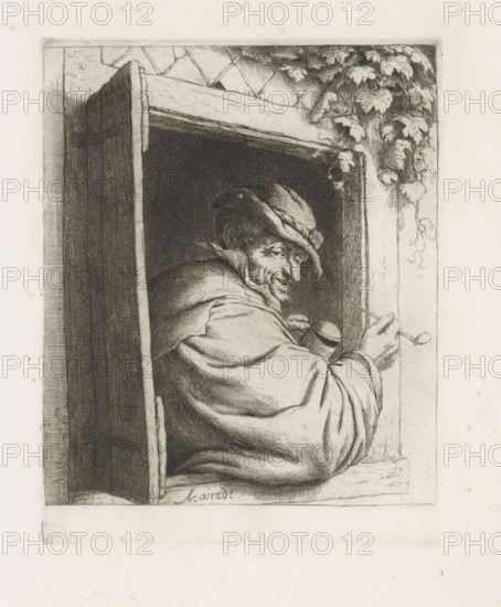 Smoking man in a window opening, print, album page, Man with a pipe and a drinking cup in a window opening with a shutter opening outwards. This print is part of an album., printmaker: Adriaen van Ostade, Haarlem, 1648 - 1650, 1846 - 1900, paper, etching, intaglio printmaking technique, etching with plate tone, height 200 mm x width 157 mm, height 355 mm x width 262 mm, adult man, pipe, tobacco, open window, A monochrome etching shows a person seen from the side leaning out of a window opening with a thick frame; the figure wears a wide-brimmed hat with folds and a cloak with heavy drapery lines, and the face is turned back toward the viewer with a visible profile and a slight smile; one hand holds a small round container while the other extends outward holding a slender spoonlike implement; the window surround includes textured wood grain and a lattice pattern at the top, and foliage with clustered leaves drapes down the right side of the opening.