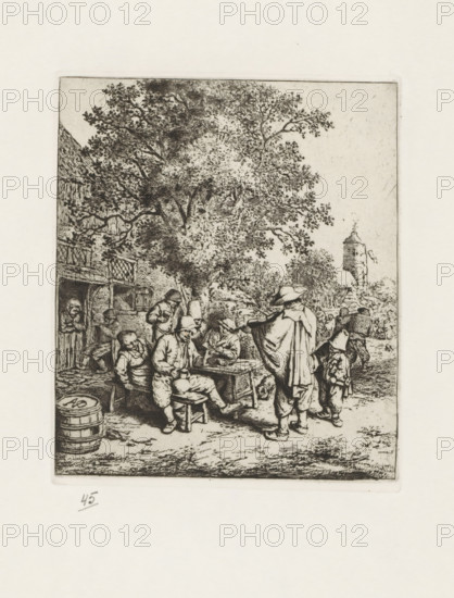 Interior of a hay barn, print, album page, The print is part of a portfolio., collector's mark: 'B', printmaker: Adriaen van Ostade, Haarlem, after design by Adriaen van Ostade, supervision: EH Kok, printer (person): J. Scheffer, printer (person): Enschedé & Zn., Johan, 1647, 1941, Adriaen van Ostade, EH Kok, J. Scheffer, Enschedé & Zn., printmaker, supervision, printer (person), paper, etching, galvanized, etching printed from a galvanized plate, height 158 mm x width 194 mm, barn, hay-stack, A detailed black and white etching shows a group of people gathered outdoors beneath a large leafy tree next to a building with a thatched roof and timbered walls; several seated figures sit around a wooden table and stools while others stand nearby wearing cloaks and wide-brimmed hats, and a child stands close to one of the standing adults; a barrel rests on the ground at the front left and a cluster of buildings including a tower appears in the distant background, with foliage and a rough groun...