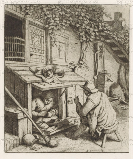 Shoemaker in a shop in front of his house and a customer, print, album page, A shoemaker sits in a small shop in front of his house, a customer waits sitting on a stool for the repair of a shoe. On the low roof of the shop lies a sleeping dog. The print is part of a portfolio., collector's mark: 'B', printmaker: Adriaen van Ostade, Haarlem, after drawing by Adriaen van Ostade, supervision: EH Kok, printer (person): J. Scheffer, printer (person): Enschedé & Zn., Johan, 1671, 1941, Adriaen van Ostade, EH Kok, J. Scheffer, Enschedé & Zn., printmaker, after drawing by, supervision, printer (person), paper, etching, galvanized, etching printed from a galvanized plate, height 189 mm x width 149 mm, shoemaker, cobbler, A detailed monochrome etching shows an interior courtyard scene with two seated men working at a small wooden stall while a curled cat rests on the stall's top; one man sits on a low stool facing the stall and holds a small object near his face while wearing a broad-brimmed hat...