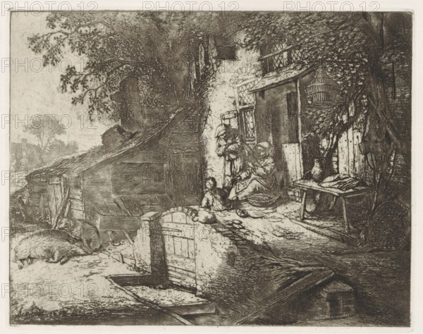 Woman spinning in front of a house, print, album page, In the yard in front of a house, a woman is sitting spinning. Next to her stands a man with one hand tucked into his shirt. A child is playing on the ground. Two pigs are resting in front of a stable, and against the facade of the house stand various household items such as a broom and a wicker basket. The print is part of a portfolio., collector's mark: 'B', printmaker: Adriaen van Ostade, Haarlem, after design by Adriaen van Ostade, supervision: EH Kok, printer (person): J. Scheffer, printer (person): Enschedé & Zn., Johan, 1652, 1941, Adriaen van Ostade, EH Kok, J. Scheffer, Enschedé & Zn., printmaker, supervision, printer (person), paper, etching, galvanized, etching printed from a galvanized plate, height 138 mm x width 177 mm, mother and baby or young child, spindle, A detailed monochrome etching shows an exterior scene with a rough stone and timber building partially covered by foliage, a worn doorway with a small gate, and ...