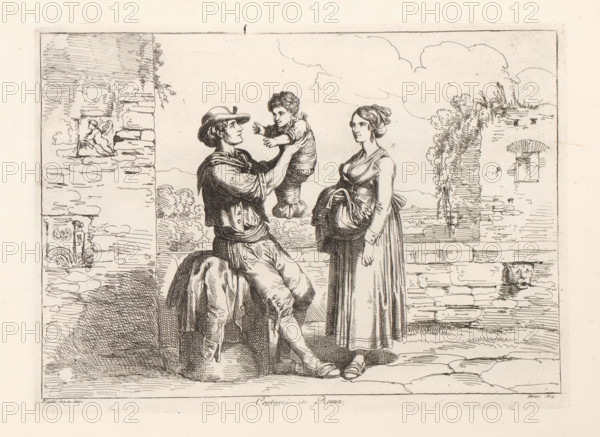 Costumes in Rome, Family from Rome, Nuova raccolta di cinquanta costumi de contorni di Roma, Costume prints with figures from Rome and the surrounding area, print, album page, A young man and a young woman stand before a stone wall. The man lifts up a child wrapped in cloths., printmaker: Bartolomeo Pinelli, Rome, 1819, paper, etching, height 204 mm x width 283 mm, This print is part of a series of 50 prints. The series consists of costume prints and depictions of bandits., folk costume, regional costume, city-view, and landscape with man-made constructions, A monochrome line drawing shows a man seated on a low wall holding a small child up toward his face while a woman stands nearby facing them; the man wears a wide-brimmed hat, a loose shirt with rolled sleeves, and breeches with a cloak draped over the wall behind him, the child is dressed in a short gown and reaches toward the man's face, and the woman wears a long dress with a wrapped bodice and a shawl or bundle held at her waist...