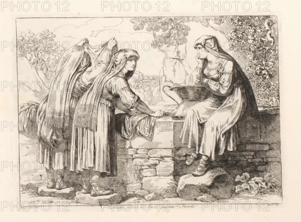 Washing women, Ciociare, vicino a Subiaco, passato Tivoli, Costume prints with figures from Rome and the surrounding area, Nuova raccolta di cinquanta costumi de contorni di Roma, print, album page, Three women from the Ciociaria area wash cloths at a well., printmaker: Bartolomeo Pinelli, Rome, 1820, paper, etching, height 205 mm x width 282 mm, This print is part of a series of 50 prints. The series consists of costume prints and depictions of bandits., folk costume, regional costume, laundering, city-view, and landscape with man-made constructions, well, container of metal: bucket, can, canister, drum, tin, Latium, A detailed monochrome drawing shows three women in long flowing garments and head coverings gathered around a stone well; two women stand with one adjusting a cloth over the other's head while the third sits on the well's edge resting her chin on her hand and looking toward the standing women; a large pitcher sits beside the seated woman on the well edge and draped fabric...