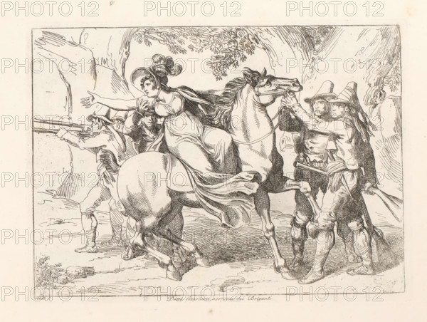 Woman being robbed, Dama forastiera, sorpresa dei Briganti, Nuova raccolta di cinquanta costumi de contorni di Roma, Costume prints with figures from Rome and the surrounding area, print, album page, A woman is sitting on a horse and is being robbed by a group of men with guns., printmaker: Bartolomeo Pinelli, Rome, 1819 - 1823, paper, etching, height 200 mm x width 276 mm, This print is part of a series of 50 prints. The series consists of costume prints and depictions of bandits., folk costume, regional costume, horse, traveller(s) attacked by robber(s), robbery, A detailed line drawing shows a woman seated sidesaddle on a rearing horse, her flowing dress and cloak draped over the horse's hindquarters and her hair gathered under a brimmed hat with a plume, her arm extended outward and a hand near her chest. The horse's head is turned to the side with its mane flowing, and its front legs are lifted. Several men surround them; two men in brimmed hats stand on the right, one holding the...