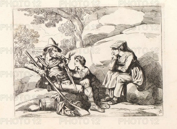 Famiglia Brigantesca, Resting bandits, Nuova raccolta di cinquanta costumi de contorni di Roma, Costume prints with figures from Rome and the surrounding area, print, album page, A family of bandits resting in a landscape. The man is smoking a pipe and the child is drawing a dagger from its sheath., printmaker: Bartolomeo Pinelli, Rome, 1819 - 1823, paper, etching, height 204 mm x width 271 mm, This print is part of a series of 50 prints. The series consists of costume prints and depictions of bandits., folk costume, regional costume, scabbard, sheath, robber, A pen and ink scene of three figures seated on rocks beneath a tree with leafy branches, showing a man wearing a wide-brimmed hat and a loose shirt with a sash, holding a long musket and smoking a pipe while a young boy kneels beside him offering a small object and looking up at him, and a woman seated with her head resting on her hand and a cloth draped over her hair and shoulders, all surrounded by rolling rock forms and distan...