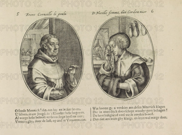 Brother Corneille the Greedy, D Nicolle woman, of a shoemaker, Monk and shoemaker's wife, Marriage abuses, print, album page, Series number, 5-6, 50, Two scenes on an album page. On the left, the fictional portrait of a monk named Cornelis the Greedy. Under his arm he has a book. In the background, a man and woman are sitting at a set table. On the right, a weeping shoemaker's wife being beaten by her husband. Below that two quatrains in Dutch., printmaker: Crispijn van de Passe (II), Amsterdam, 1641, paper, engraving, letterpress printing, text in letterpress, height 94 mm x width 139 mm, couple of lovers, male sex, man, female sex, woman, adultery, dominating husband, Two oval engraved portraits side by side on aged paper, each showing a bust of a person in historical clothing framed by an oval border. The left portrait shows a person with short hair wearing a hooded robe and a layered garment, facing slightly to the right with one hand raised and the other holding a book; a small in...