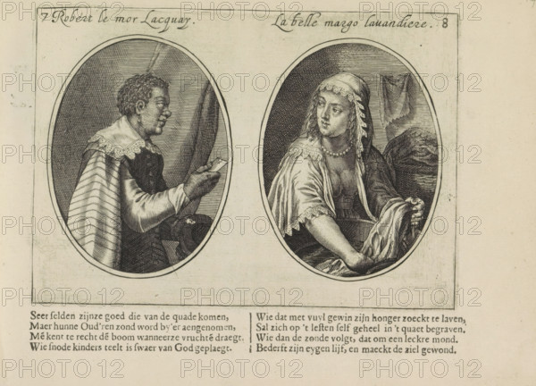 Robert le mor lacquay, La belle margo lavandiere, Lackey and washerwoman, The abuses of marriage, print, album page, Series number, 7-8, 50, Two depictions on an album page. On the left, the fictional portrait of a lackey named Robert de Moor. He holds a letter in his hand. On the right, a washerwoman named Margo. Below that, two quatrains in Dutch., printmaker: Crispijn van de Passe (II), Amsterdam, 1641, paper, engraving, letterpress printing, text in letterpress, height 103 mm x width 146 mm, laundering, male sex, man, female sex, woman, lackey and other lower personnel at court, An engraving shows two oval portraits side by side within a rectangular frame; the left oval contains a profile of a man facing right with short curly hair and a layered garment with a lace collar and a striped cloak, his hand extended holding a small rectangular object; the right oval contains a woman facing slightly left with a headscarf edged with lace, a necklace, a low neckline, and draped fabric over ...
