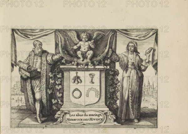 Allegory of marital infidelity, Les abus du mariage, misbruyck des houlycx, album page, title page, Allegorical title page. The personifications of purchased love (with money chest) and infidelity (with mask) stand to the left and right of a pedestal on which Cupid sits on a bull's horn. Grapevines hang over the pedestal. On the front, symbols referring to adultery: full money bags, drink, gifts such as a ring and a lace collar (referring to the female sex)., printmaker: Crispijn van de Passe (II), publisher: Crispijn van de Passe (II), Amsterdam, 1641, Crispijn van de Passe (II), printmaker, publisher, paper, engraving, height 99 mm x width 147 mm, (story of) Cupid, Amor (Eros), Cheat, Deceit, 'Fraude', 'Inganno' (Ripa), adultery, An engraved scene shows two standing figures flanking a central pedestal topped by a winged cherub seated on a crescent-shaped object and holding small items in its hands, with draped curtains overhead. The figure on the left wears a long fur-lined robe and ...