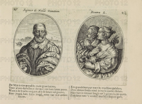 Signor G. noble Venetien, Donna L., Nobleman from Venice and his wife Leonella, Les abus du mariage, print, album page, Series number, 27-28, 50, Two depictions on an album page. On the left, a bearded older man with a money bag in his hand. In the background, the city of Venice and a gondola. On the right, his wife Leonella with a money bag together with another man. Below that two quatrains in Dutch., printmaker: Crispijn van de Passe (II), Amsterdam, 1641, paper, engraving, letterpress printing, text in letterpress, height 96 mm x width 146 mm, couple of lovers, city-view, and landscape with man-made constructions, male sex, man, gondola, female sex, woman, unequal couple, ill-matched couple, adultery, Venice, An aged printed page showing two oval engraved portraits side by side, the left portrait depicting an older bearded man wearing a fur-lined cloak and holding a walking stick with a distant waterfront and small boats visible behind him, the right portrait showing a seated coupl...