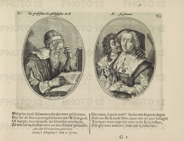 Professor in Philosophy and His Wife, La professeur en philosophie de F., M. sa femme, The Abuses of Marriage, print, album page, Series number, 41-42, 50, Two scenes on an album page. On the left, an old man, a professor of philosophy. With glasses on his nose, he is reading a book lying on the table in front of him. With his right hand, he turns the page. On the right, his wife with another younger man. Below that two quatrains in Dutch., printmaker: Crispijn van de Passe (II), Amsterdam, 1641, paper, engraving, letterpress printing, gravure, text in letterpress, height 96 mm x width 142 mm, couple of lovers, book - MM - book open, male sex, man, eyeglasses, spectacles, female sex, woman, unequal couple, ill-matched couple, adultery, A printed sheet shows two oval-framed engraved portraits side by side on a light paper background, the left oval containing an older bearded man wearing a rounded cap and a fur-lined robe, holding a pair of spectacles to his eyes with one hand while the ...