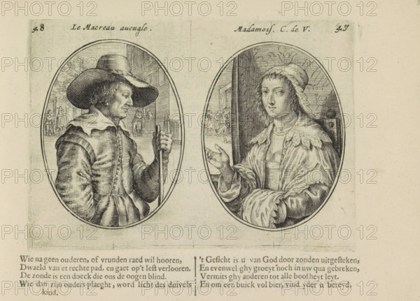 The blind man, Madamois. C. de V., Blind matchmaker and young lady, Marriage abuses, print, album page, Series number, 47-48, 50, Two depictions on an album page. On the left, a blind man as a matchmaker. In the background, talking with a gentleman and next to him, a lady. On the right, a young lady with a couple at a table in the distance. Below that, two quatrains in Dutch., printmaker: Crispijn van de Passe (II), Amsterdam, 1641, paper, engraving, letterpress printing, text in letterpress, height 97 mm x width 139 mm, couple of lovers, conversation, dialogue, conversation piece, male sex, man, female sex, woman, Two oval engraved portraits appear side by side on aged paper. The left oval shows a man in profile facing right wearing a wide-brimmed hat and a layered garment with a high collar, holding a staff with one hand and standing against a background that includes architectural elements and small distant figures. The right oval shows a woman facing slightly left with loose hair c...