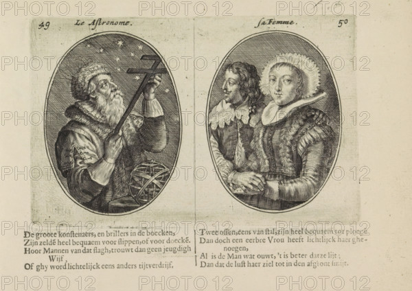 The astronomer, his wife, Astronomer and his wife, Marriage abuses, print, album page, Series number, 49-50, 50, Two depictions on an album page. On the left, an astronomer with an astrolabe and Jacob's staff. On the right, his younger wife with another younger man. Below that two quatrains in Dutch., printmaker: Crispijn van de Passe (II), Amsterdam, publisher: Crispijn van de Passe (II), 1641, Crispijn van de Passe (II), printmaker, publisher, paper, engraving, letterpress printing, gravure, text in letterpress, height 92 mm x width 144 mm, couple of lovers, male sex, man, armillary sphere, skeleton celestial globe, female sex, woman, astronomical instruments, unequal couple, ill-matched couple, adultery, The image shows two oval engravings side by side on a pale background. The left oval depicts an older bearded man wearing a fur hat and fur-trimmed coat, looking upward while holding an angular instrument and a sphere composed of intersecting rings; small star shapes are visible in ...